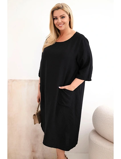 Dámske plus veľkosť viskózové šaty s vreckami krátkymi rukávmi čierne