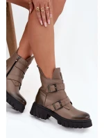 Skórzane Ocieplane Botki Damskie Z Klamrami I Ozdobnym Detalem Zazoo 60482 Ciemnobeżowe