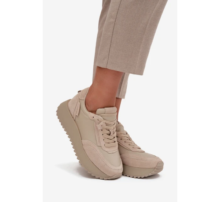 Kožené dámské tenisky na platformě model 21710468 béžové - Artiker