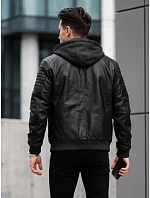 Pánska kožená zateplená bunda s kapucňou, čierna, FashionStreet TX5141