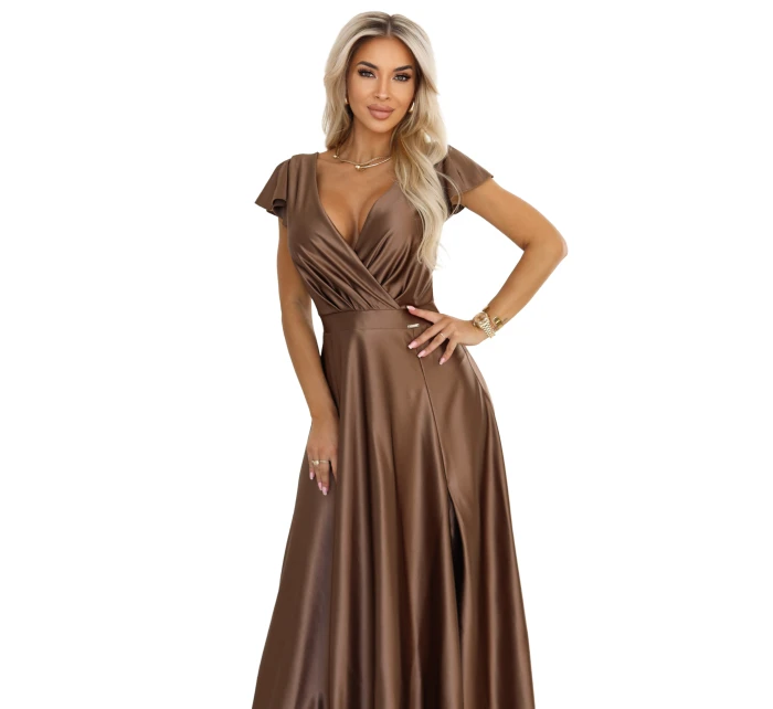 CRYSTAL saténové dlouhé šaty s výstřihem  pěna model 21470381 - numoco