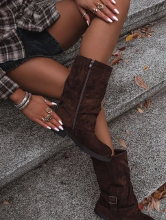 Kozaki Damskie Z Wywiniętą Cholewką Do Połowy Łydki Z Klamrą Czekoladowe Minelle