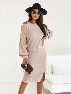 Béžový dámský úpletový komplet se šaty bez rukávů model 20543824 - Moon