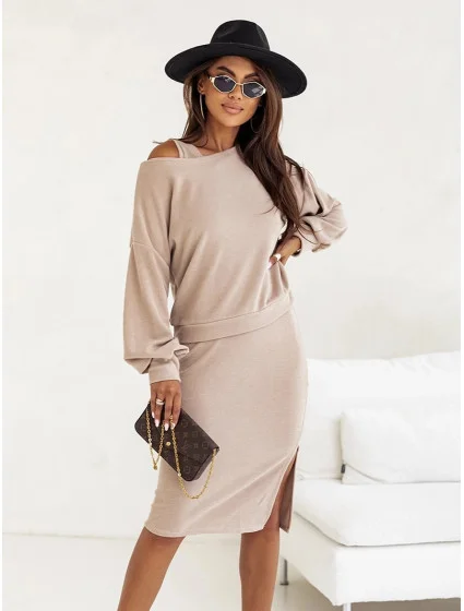 Béžový dámský úpletový komplet se šaty bez rukávů model 20543824 - Moon