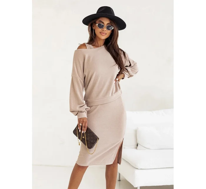 Béžový dámský úpletový komplet se šaty bez rukávů model 20543824 - Moon