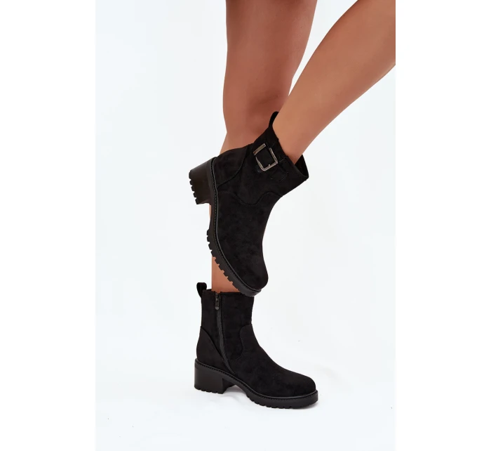 Ocieplane Botki Damskie Na Niskim Obcasie Klocku Z Klamrą Czarne  Helvina