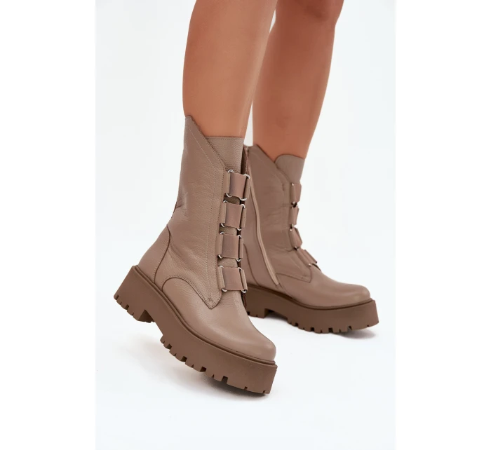 Botki Damskie Z Naturalnej Skóry Na Platformie Zazoo 3795 Beżowe