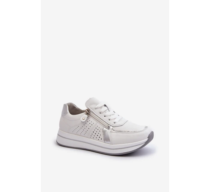 Damskie Skórzane Sneakersy Na Platformie Białe Ligustra