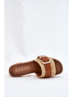 Skórzane Klapki Damskie Na Słupku Z Klamrą I Plecionką Zazoo 40459 Brązowe