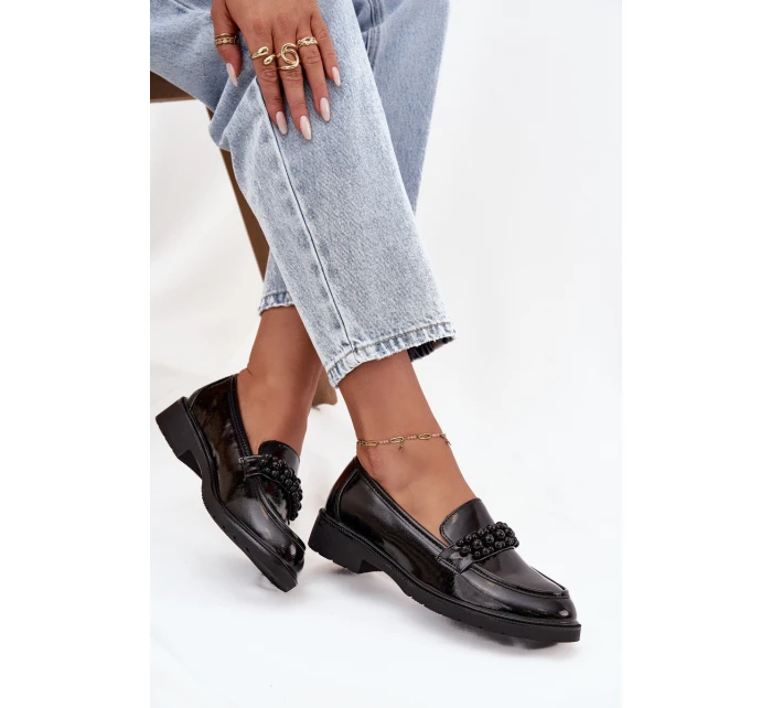 Mokasyny Damskie Lakierowane Z Koralikami S.Barski HY52-541 Czarne