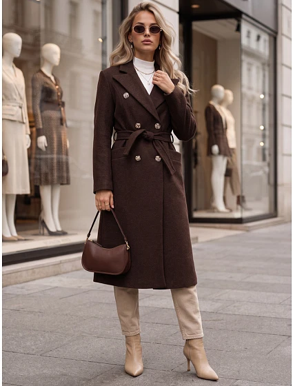 płaszcz damski z paskiem czekoladowy model 22540560 - FashionStreet