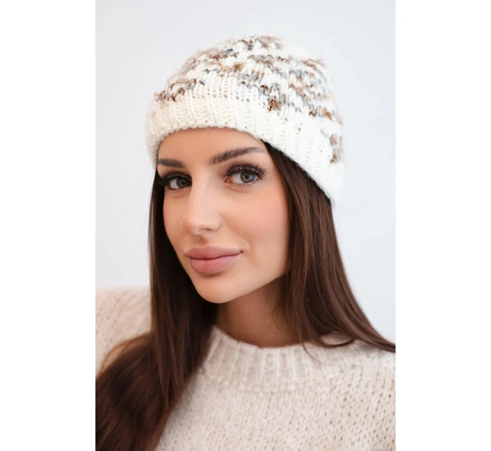Dámska zimná čiapka s farebnými vzormi a hrubým úpletom K353 ecru+grey