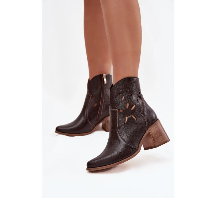 Botki Damskie Ażurowe Z Naturalnej Skóry Na Słupku Zazoo 3690 Czekoladowe