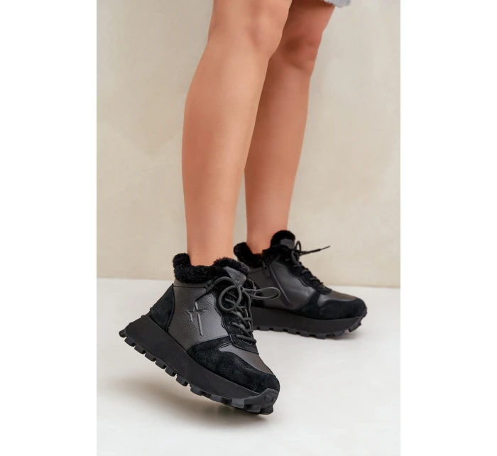 Skórzane Sneakersy Trapery Damskie Z Futerkiem Na Platformie Big Star OO274A329 Czarne Skórzane Sneakersy Trapery Damskie Z Futerkiem Na Platformie Big Star OO274A329 Czarne