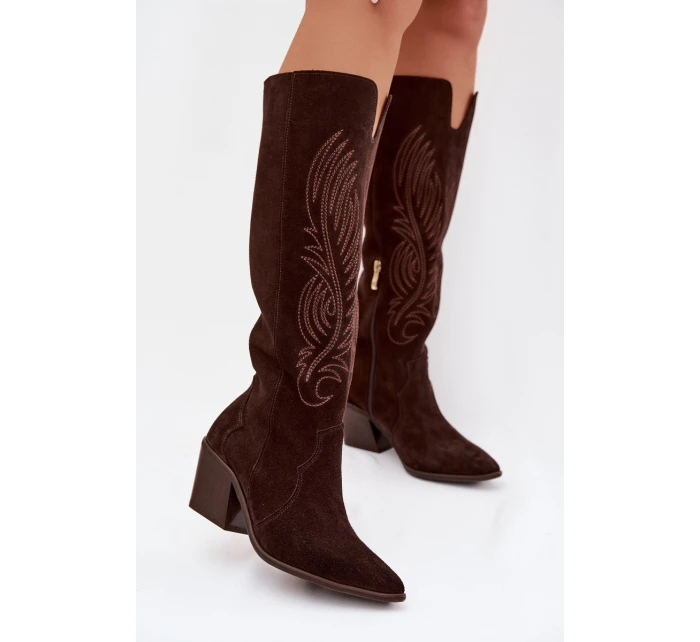 Semišové Kožené Kozačky Kovářky Na Podpatku Zazoo 3152 Čokoládové