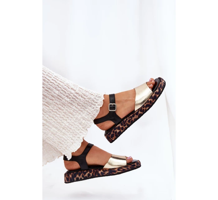 Sandały Skórzane Damskie Na Platformie Z Panterką S.Barski JC51-347 Złote