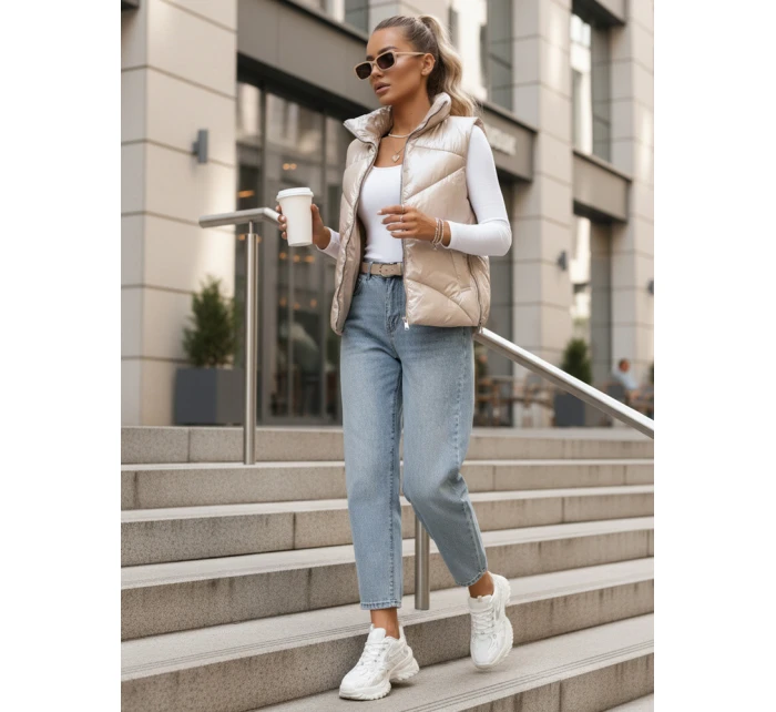 Dámska prešívaná vesta so stojačikom béžová FashionStreet TY3476