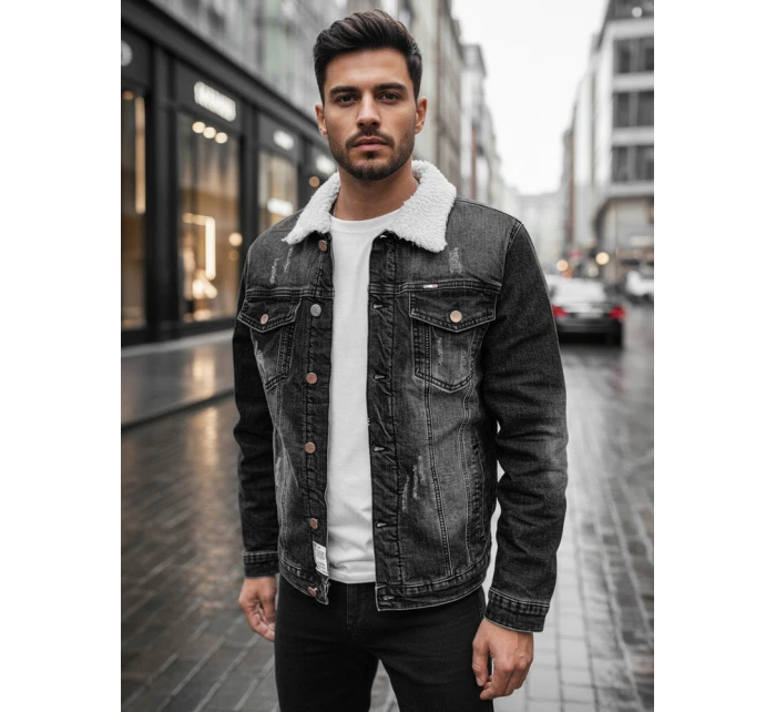 Pánská zateplená džínová bunda s ovčí kůží šedá Dstreet model 21995187 - FashionStreet