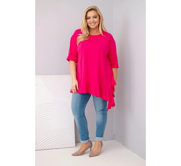 Dámska blúzka v nadmernej veľkosti s bavlnou a volánom a vyhrnutými rukávmi Fuchsia