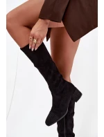 Kozaki Damskie Ze Zdobieniem Na Klocku Eko Zamszowe Czarne Ivanna