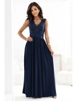 dlouhé elegantní maxi šaty s krajkovým a rozparkem na nohou tmavě modré model 21318836 - numoco
