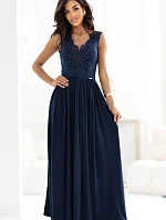 215-6 LEA dlhé elegantné maxi šaty s čipkovaným vrchom a rozparkom na nohách - tmavomodré