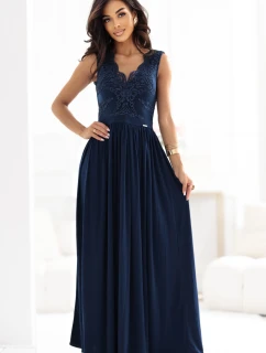 dlouhé elegantní maxi šaty s krajkovým a rozparkem na nohou tmavě modré model 21318836 - numoco