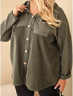 Dámská bavlněná mikina Plus Size s kapucí a knoflíky khaki
