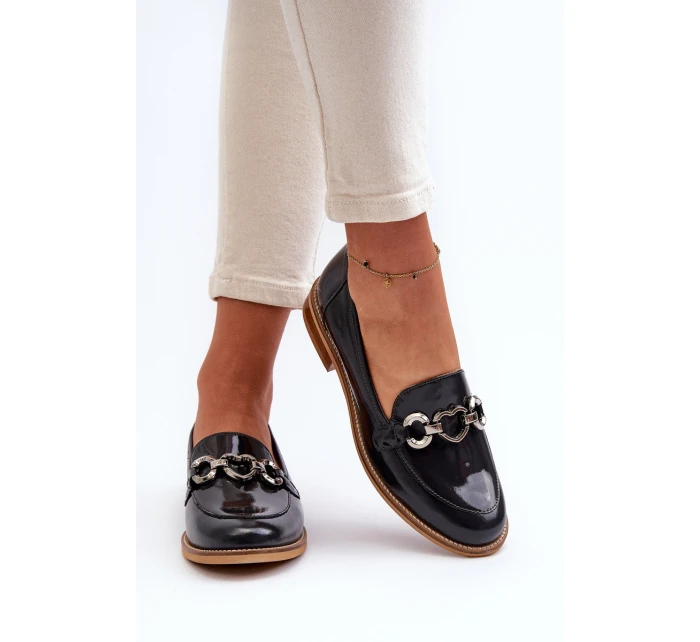 Skórzane Damskie Lakierowane Mokasyny Laura Messi 2760 Granatowe