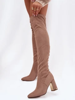 Dámské kozačky z eko semiše na kolena na podpatku tmavě béžové Thamine