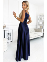 CHIARA - Elegantné tmavo modré dámske dlhé saténové maxi šaty na ramienkach 299-12