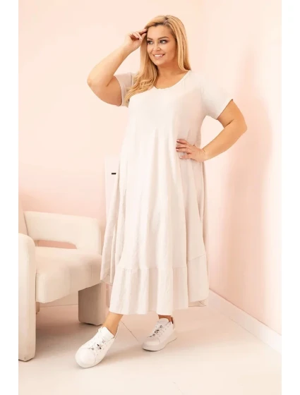 Dámské šaty plus size s krátkým rukávem a volánem z lehké viskózy béžová