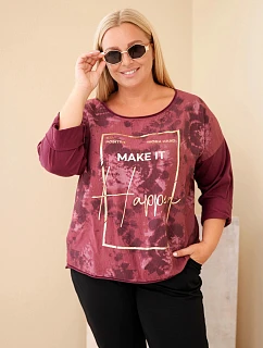 Dámska bavlnená blúzka Plus Size s potlačou a výstrihom do U, slivková