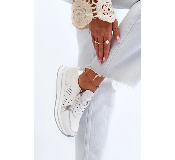 Damskie Skórzane Sneakersy Na Platformie Białe Ligustra