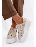 Kožené síťované dámské tenisky na platformě s páskem na podpatku model 22100279 béžové - D&A