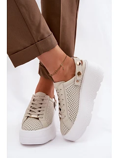 Kožené síťované dámské tenisky na platformě s páskem na podpatku model 22100279 béžové - D&A