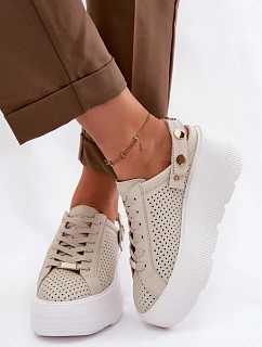 Kožené síťované dámské tenisky na platformě s páskem na podpatku model 22100279 béžové - D&A