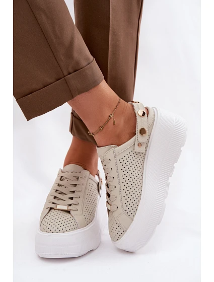 Kožené síťované dámské tenisky na platformě s páskem na podpatku model 22100279 béžové - D&A