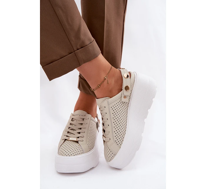 Kožené síťované dámské tenisky na platformě s páskem na podpatku model 22100279 béžové - D&A