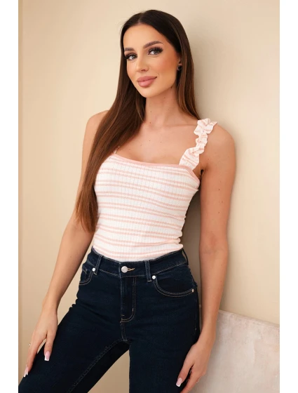 Dámska rebrovaná blúzka na ramienka s volánom púdrovo ružová