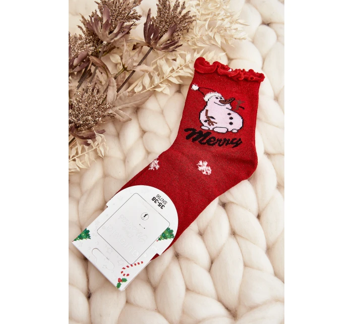 Damskie Błyszczące Świąteczne Skarpety Z Bałwanem Czerwone