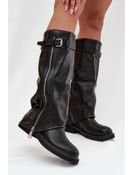 Dámské kozačky s límcem sponou a stříbrným zipem vyhřívané černé model 21711800 - Boto