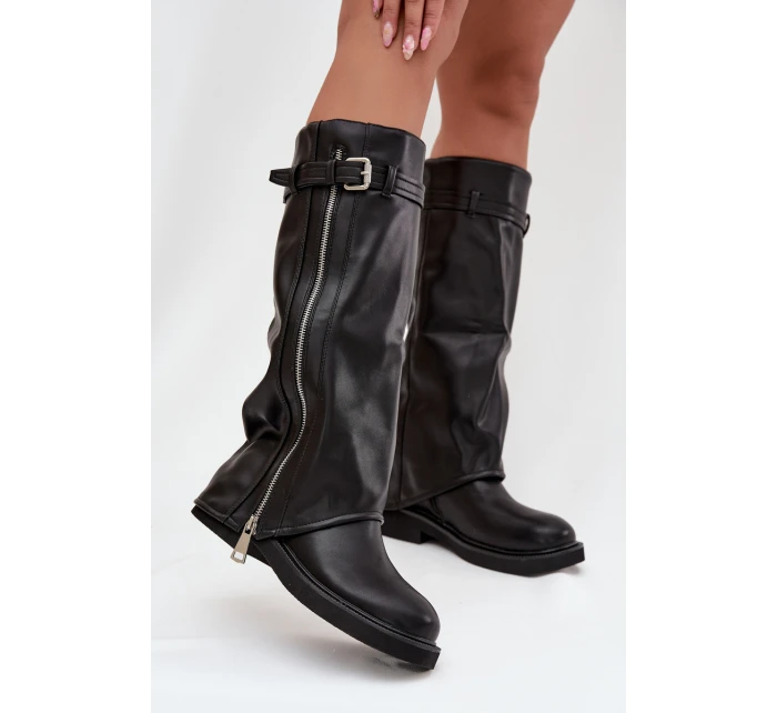 Dámské kozačky s límcem sponou a stříbrným zipem vyhřívané černé model 21711800 - Boto