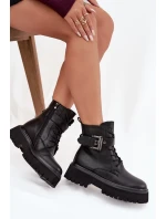 Skórzane Botki Workery Damskie Ocieplane Z Ozdobną Klamrą D&A MK52-032 Czarne Skórzane Botki Workery Damskie Ocieplane Z Ozdobną Klamrą D&A MK52-032 Czarne