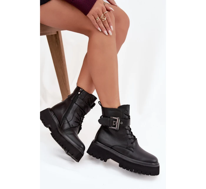 Skórzane Botki Workery Damskie Ocieplane Z Ozdobną Klamrą D&A MK52-032 Czarne Skórzane Botki Workery Damskie Ocieplane Z Ozdobną Klamrą D&A MK52-032 Czarne