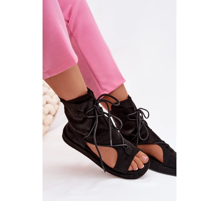 Dámské Sandály Eko Semišové S Vysokým Nártem a Zavazováním Černé Ferlisse