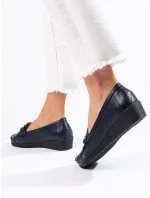 Vynikajúce modré dámske mokasíny na klin Vynikajúce modré dámske mokasíny na klin