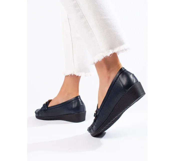 Vynikajúce modré dámske mokasíny na klin Vynikajúce modré dámske mokasíny na klin