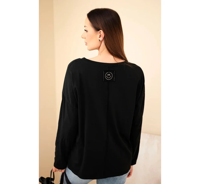 Dámska bavlnená blúzka s výstrihom do V a dlhými rukávmi čierna