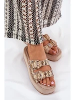 Klapki Damskie Na Platformie Z Klamrami I Plecionką Khaki Limme Klapki Damskie Na Platformie Z Klamrami I Plecionką Khaki Limme